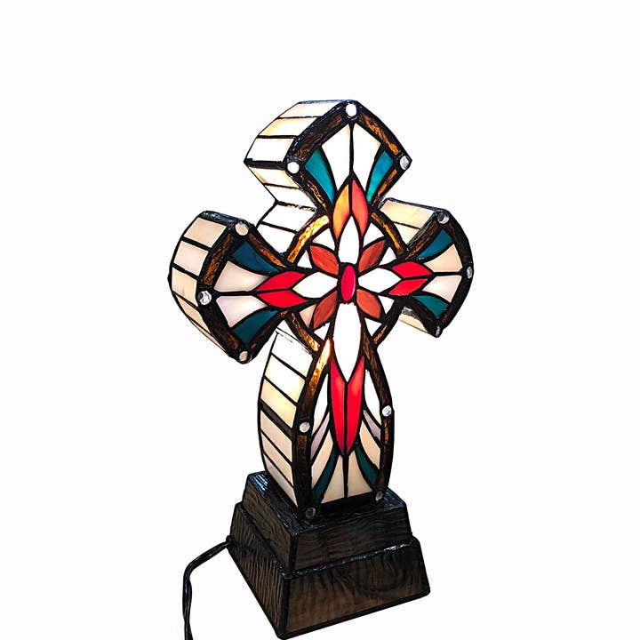 Cruz de Mesa Iluminada Tiffany Cruz de Vidrio Inoxidable Regalos Cristianos/Lámparas de Escritorio 19 x 36 x 13 cm 16699 para venta al por mayor de FIXTUREDISPLAYS