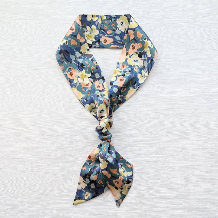 Silk Satin Skinny Scarf: Blue, Teal, Pink & Cream Floral for wholesale by Poems And Polka Dots