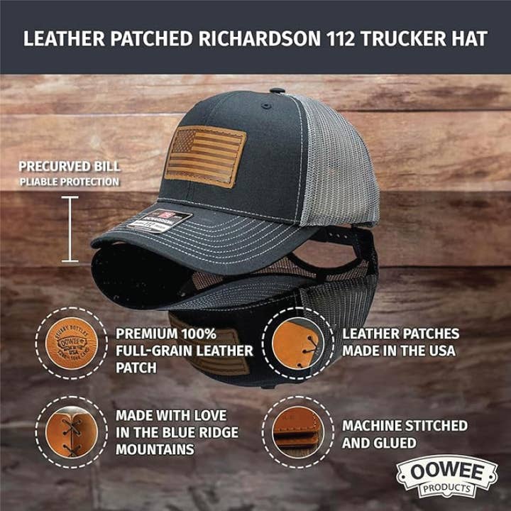 Oowee Products - Wholesale Trucker Hat - Unisex - American Flag Leather Patch Hat - Richarson 112 Trucker 3