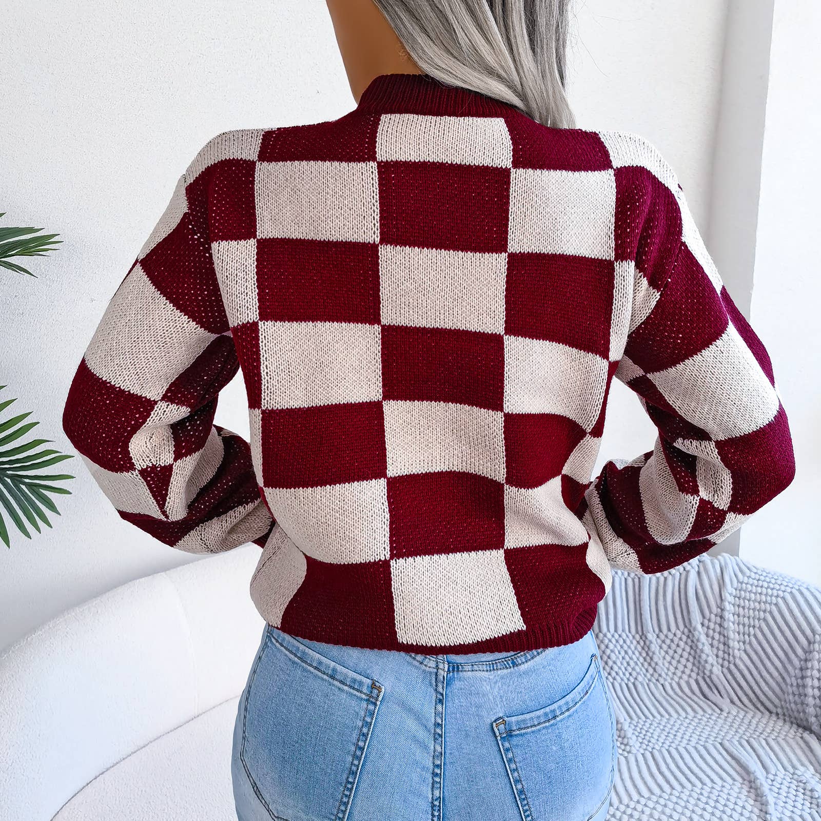 HIDDENBRAND - Wholesale Knit Sweater - Women's - Contrast plaid pullover knit sweater8