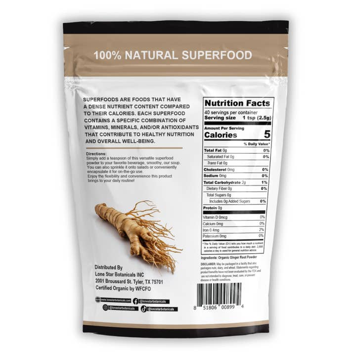 Lone Star Botanicals - Wholesale Protein/Superfood Powder - Organic Ginger Root Powder -- 3.52 oz7