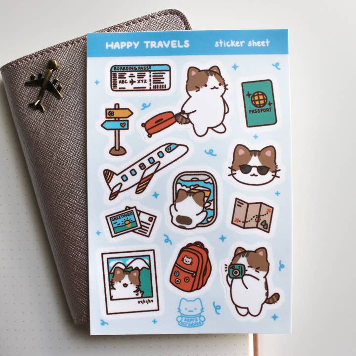 Happy Travels • Vinyl Sticker Sheet for wholesale by Sam’s Scribbles