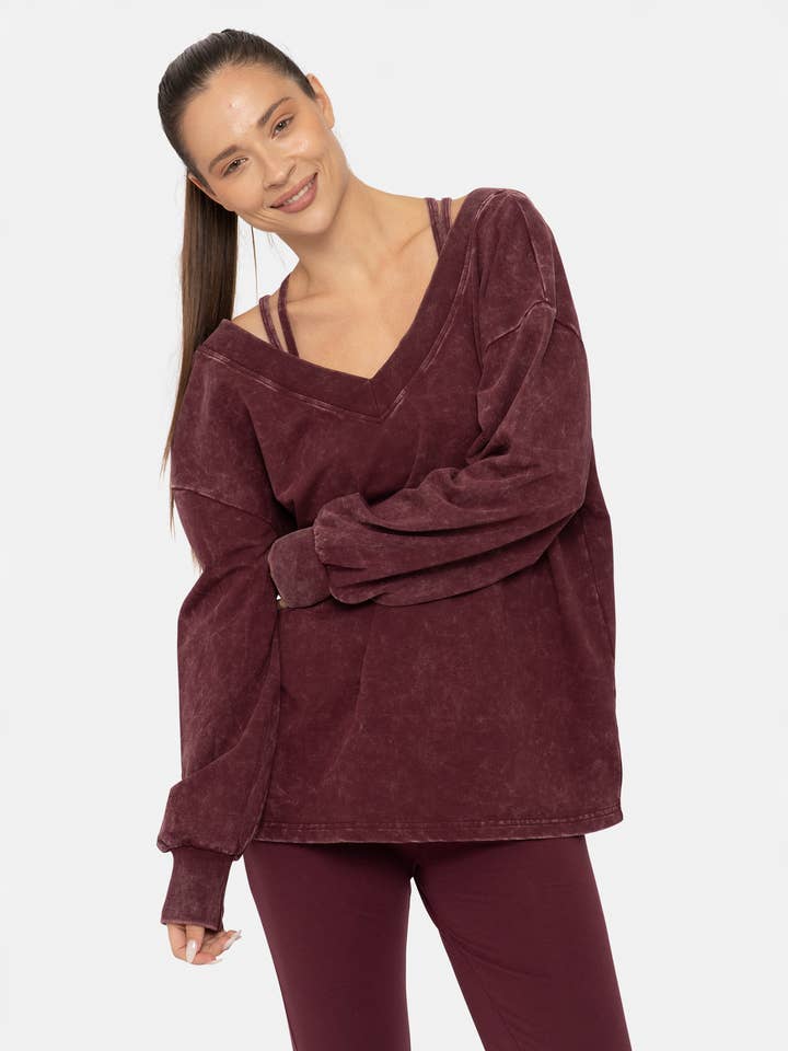 Mono B - Wholesale Shirt - Women's - Mineral Wash Cotton Blend Deep V-Neck Long Sleeve