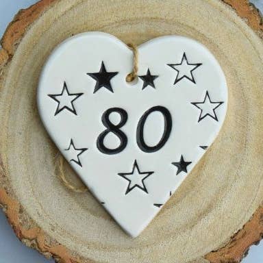 Birthday - 80 Birthday 'Stars' - Handmade ceramic heart for wholesale by Broadlands Pottery