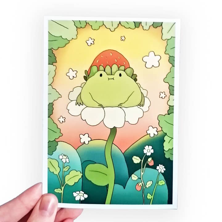 Strawberry Frog Postcard - Flower Froggy print - Frog tema för wholesale av Nimbob