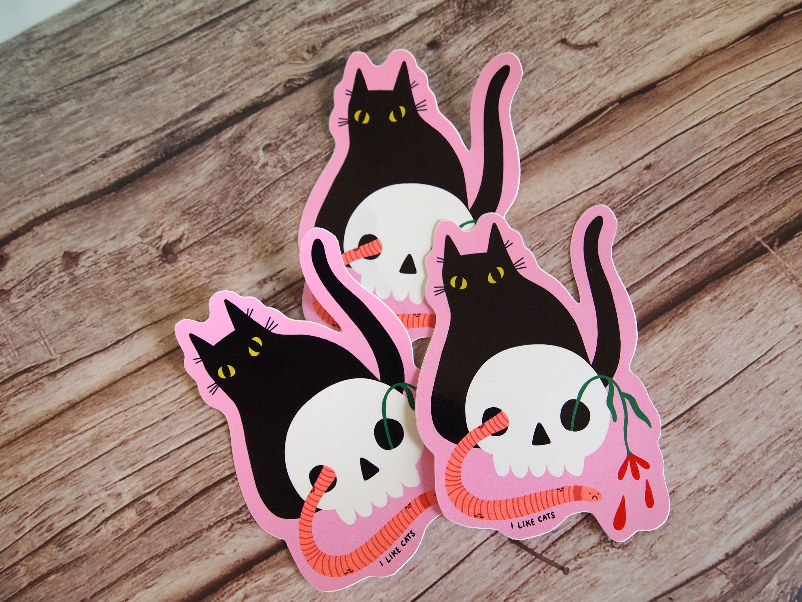 I LIKE CATS – wholesale Sticker – Black cat with skull illustrated vinyl sticker1