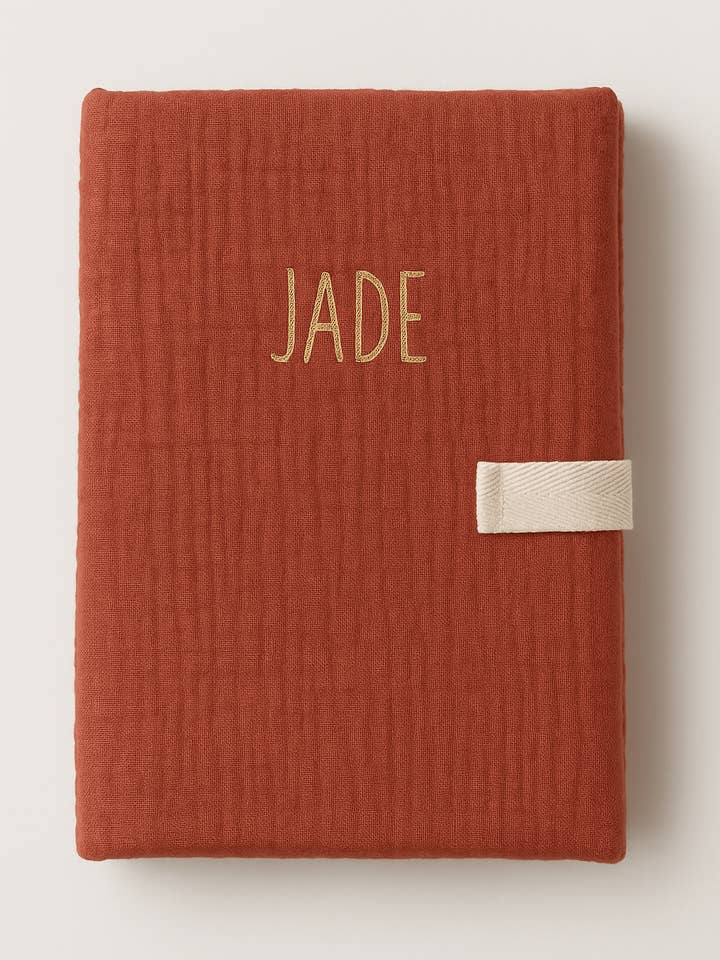 Personligt bärbart skötunderlägg för bebis i vattentätt tyg och bomullsgaze i terrakotta för wholesale av MAZZANNE