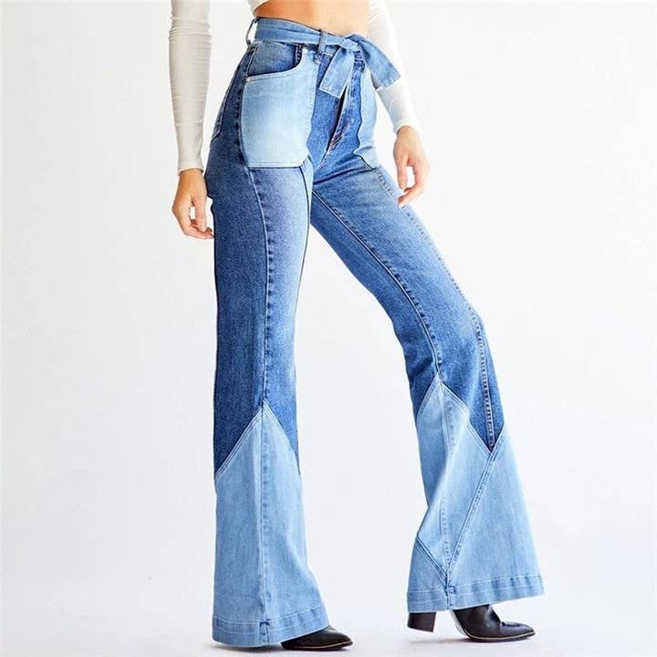 High Waist Two Tone Belted Denim Flare Pants for wholesale by FurDecoration