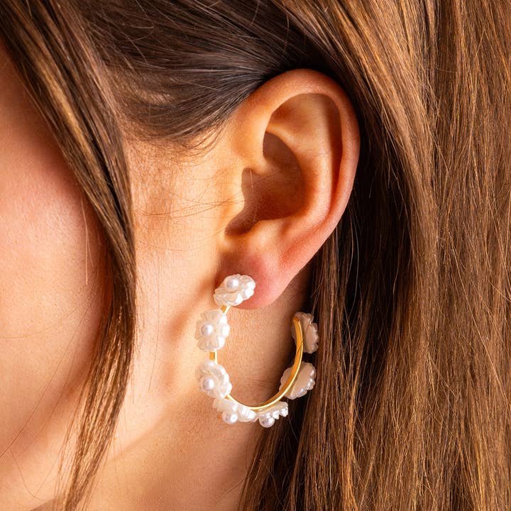 Hoop Earrings - Small - Gold-Plated w/Pearl Flowers - Amelia for wholesale by Taylor Elliott Designs