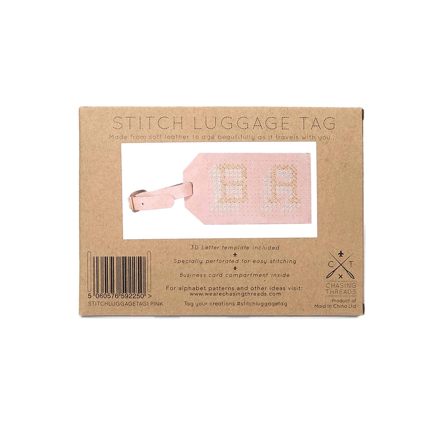 Chasing Threads - Wholesale DIY Craft Kit - DIY Cross Stitch Luggage Tag kit - Pink with red thread4
