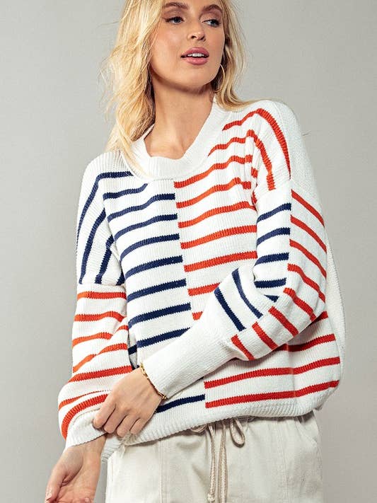 IVORY MULTI Striped Blocked Drop Shoulder Knit Sweater for wholesale on Faire
