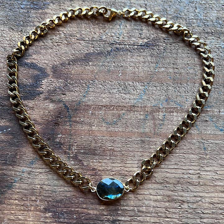 Gold Curb Chain Adjustable Necklace with Labradorite for wholesale by Carley King Jewels