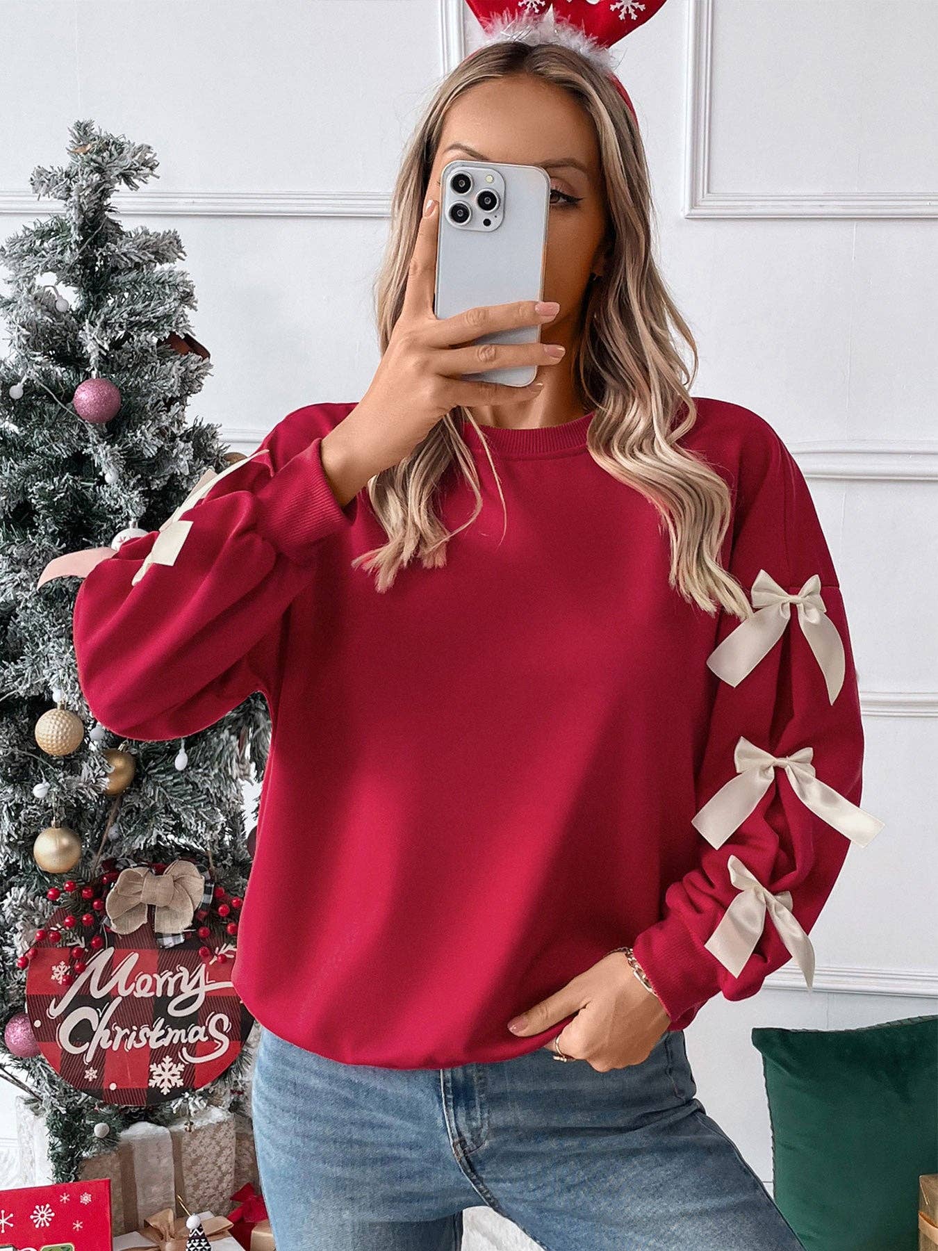 Suhkasana – Großhandel Sweatshirt – Damen – Weihnachtspullover mit Schleifenärmeln und Rundhalsausschnitt2