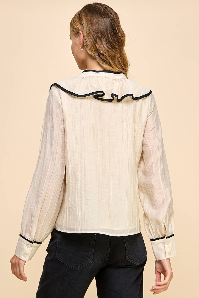 TCEC - Wholesale Button Down Shirt - Women's - CT9058-Contrast Binding V Neckline Blouse3