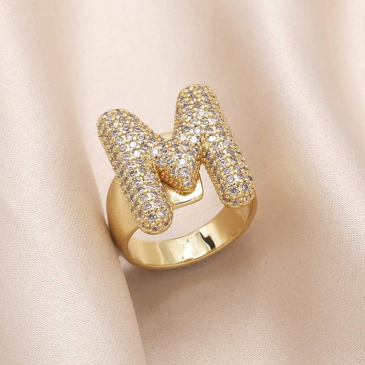 JOSSLYN by wall to wall - Wholesale Single Stone/Solitaire Ring - INITIAL MONOGRAM PAVE RHINESTONE BUBBLE RING | 40R101