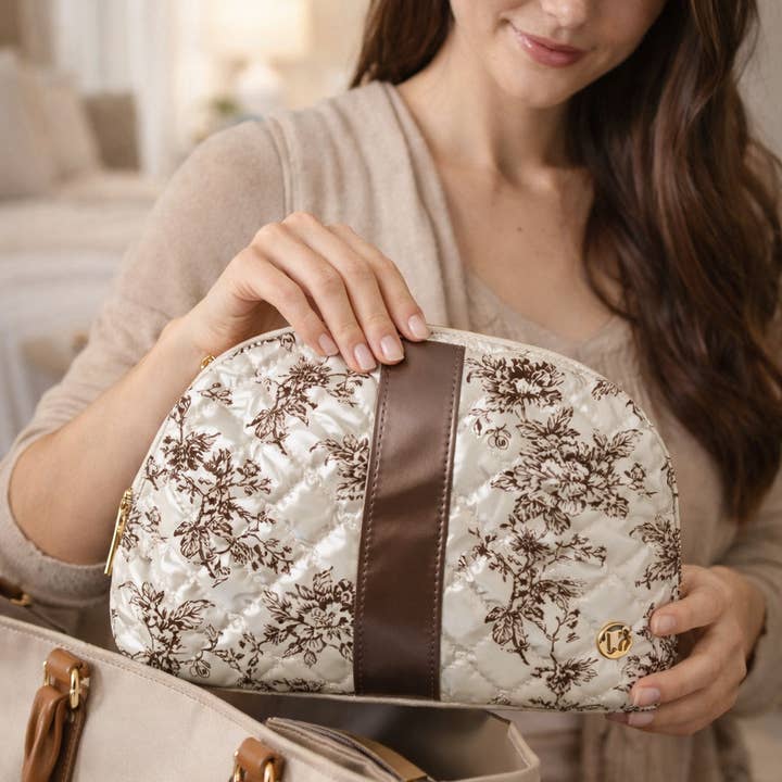 Lemonbella - Wholesale Makeup/Cosmetic Bag - Lemonbella Cappuccino Floral Cosmetic Makeup Travel Bag1