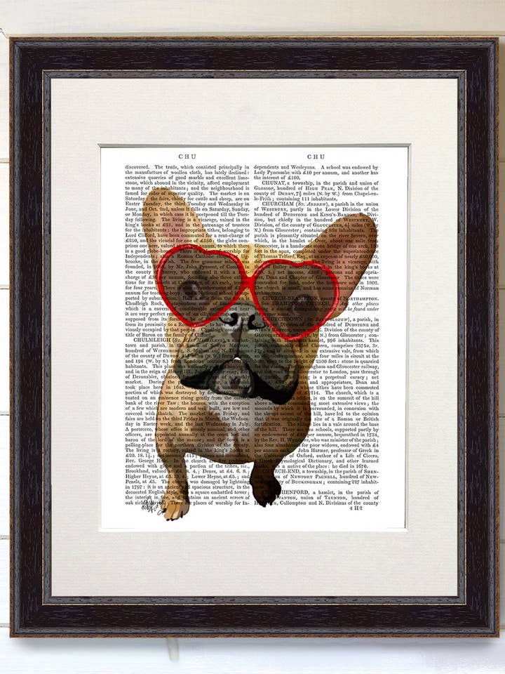 French Bulldog in Heart Glasses Dog Book Print Wall Art for wholesale by FabFunky Ltd