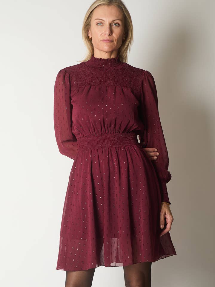 Smocked Waist Dress with Subtle Sparkle - Wine for wholesale by SOLO