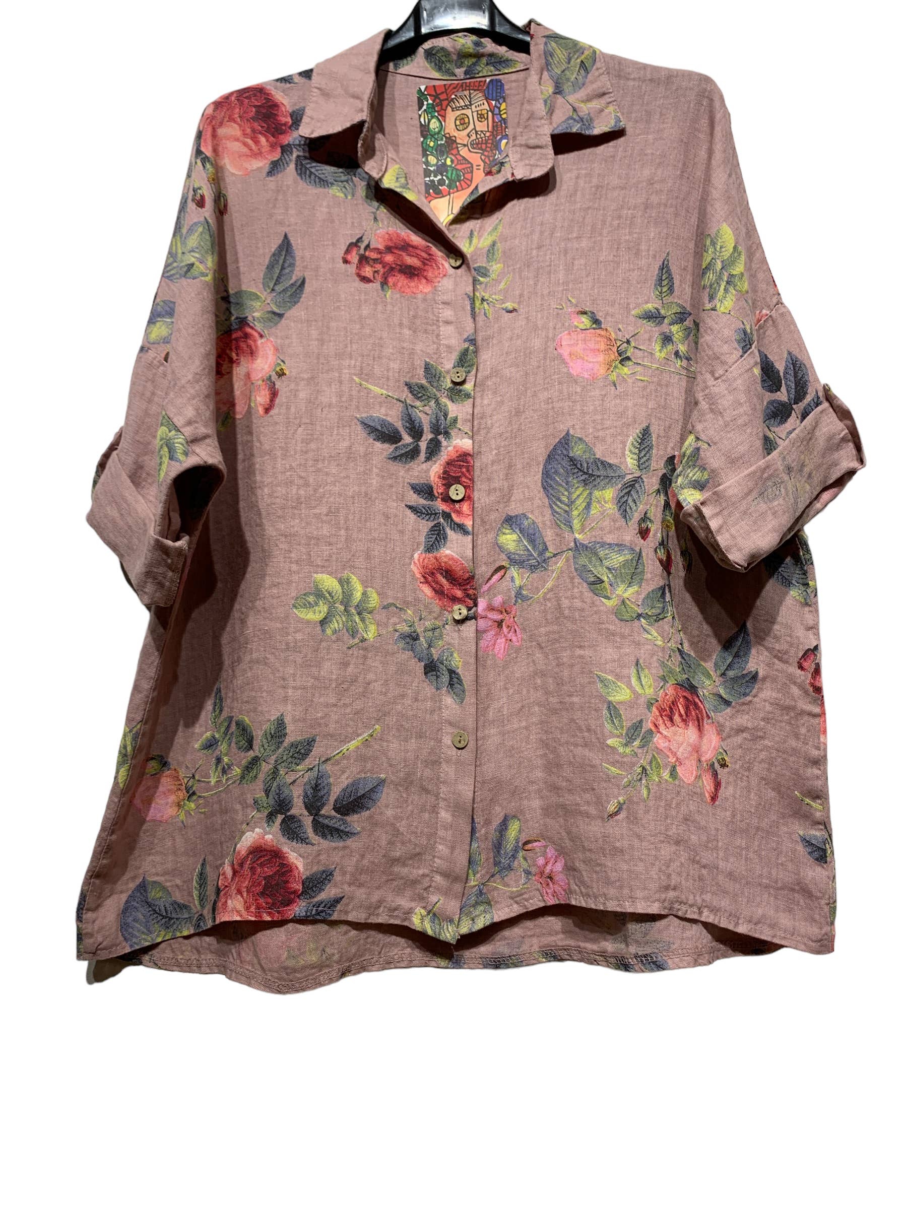 LINEN & COTTON HOUSE – Engroshandel Skjorte med buttondown – til kvinder – Tunika i 100% hør med blomsterprint 52351