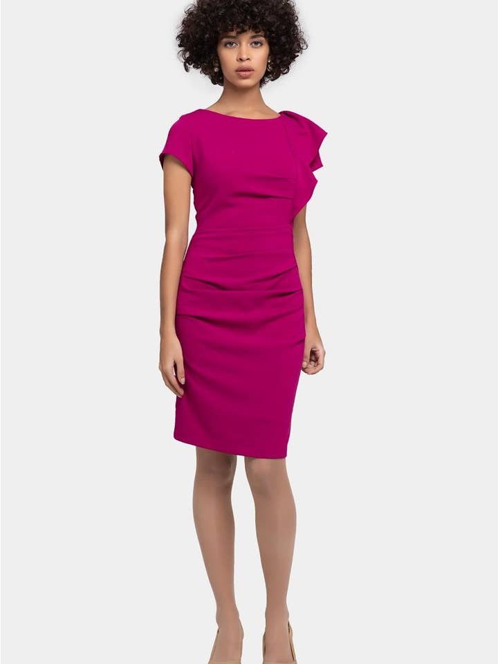 Magenta Elena Ruffle Shirring Dress for wholesale by LBV Fashion