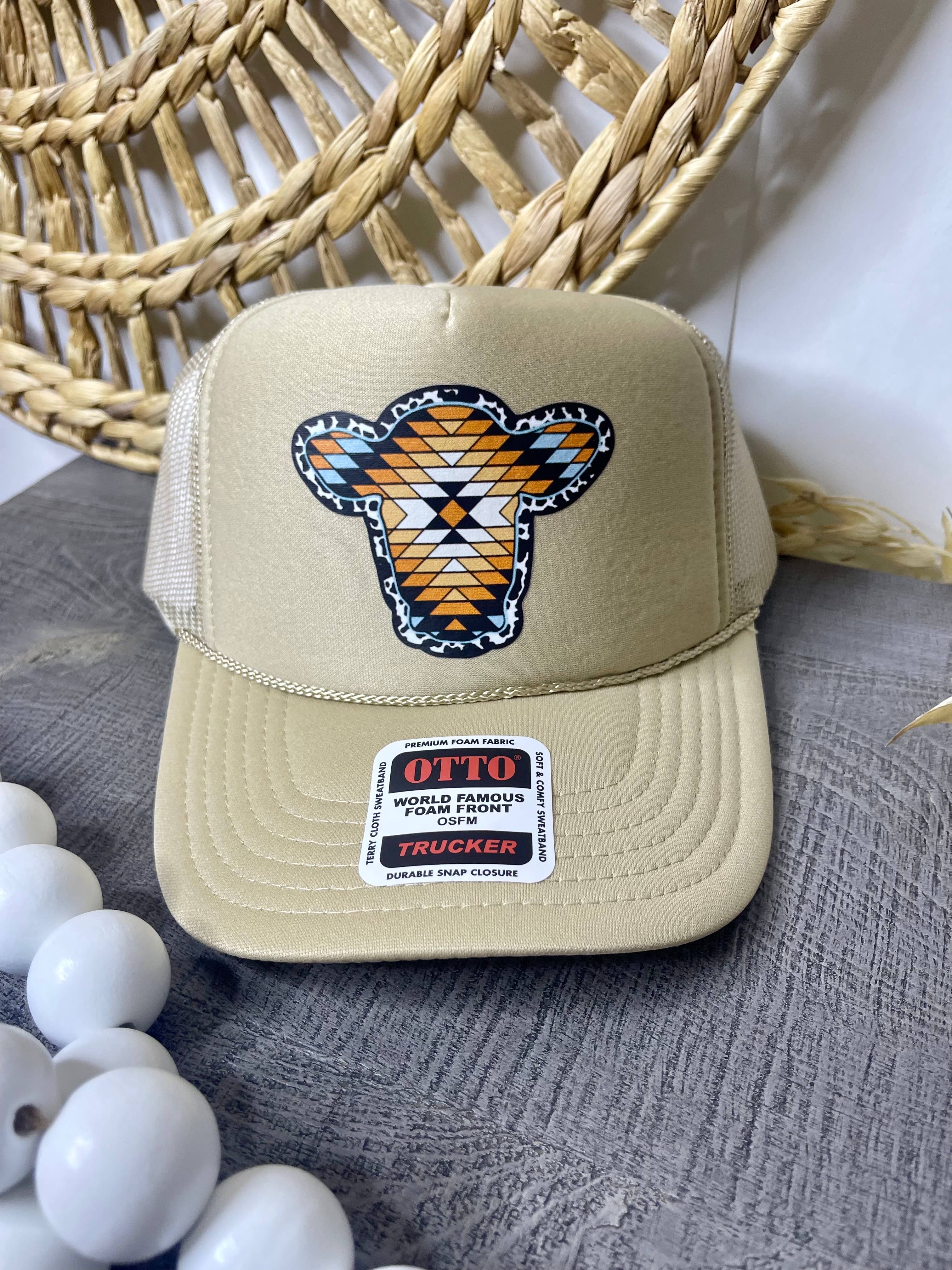 Khaki Aztec Cow Trucker Hat for wholesale on Faire