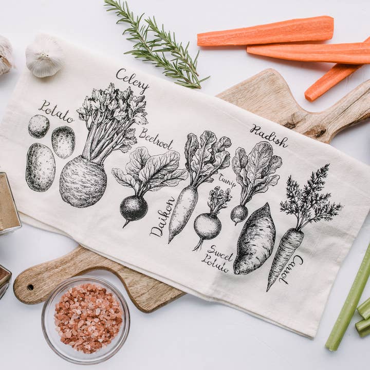 Root Vegetabiliska Kökshandduk/Kökshandduk/Heminredning för wholesale av Your Green Kitchen