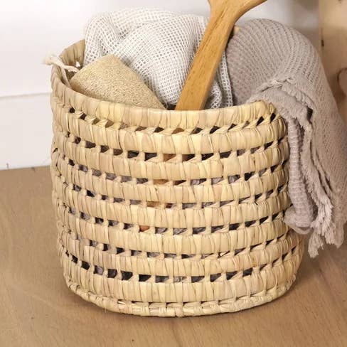 Round Wicker Basket- Multi-Purpose Palm Leaf Storage Basket for wholesale by Moroccan Natural bazaar