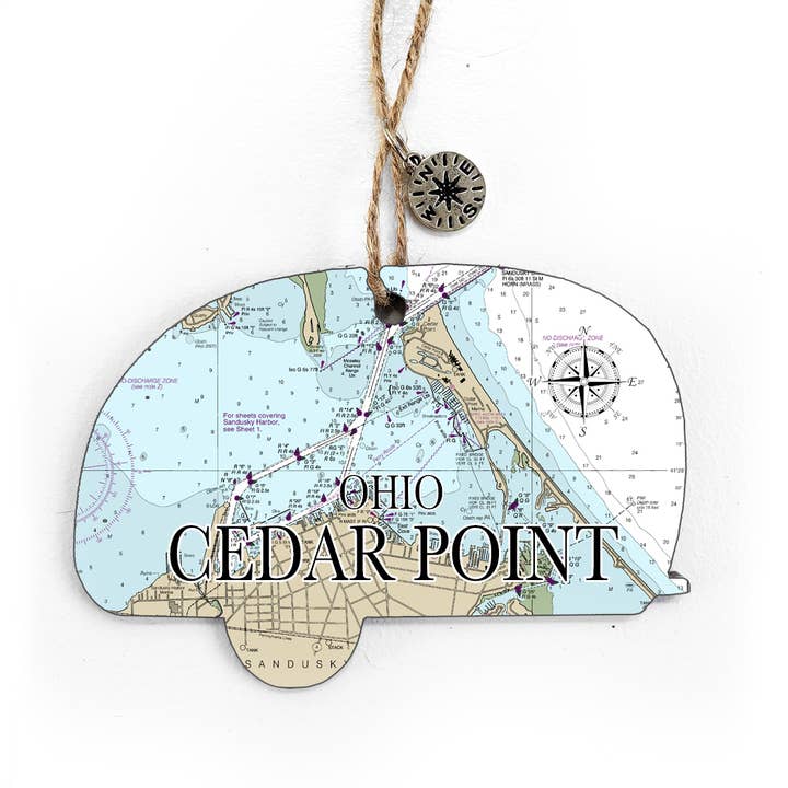 Cedar Point, OH Camper Shape Wood Ornament with Map for wholesale by Map Mom