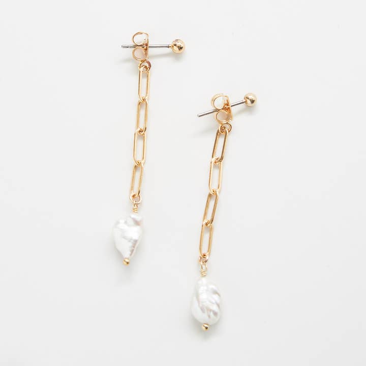 14k Gold Filled Pearl Natural Gemstone Chain Jacket Earrings - Birthstone/Wedding Jewelry for wholesale by Admiral Row Jewelry