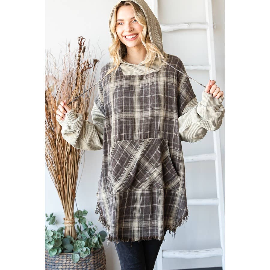 Oli&Hali - Vente Sweat à capuche – femme - PULL À CAPUCHE À CARREAUX DÉLAVÉ AVEC OURLET BRUT ET MANCHES LONGUES7