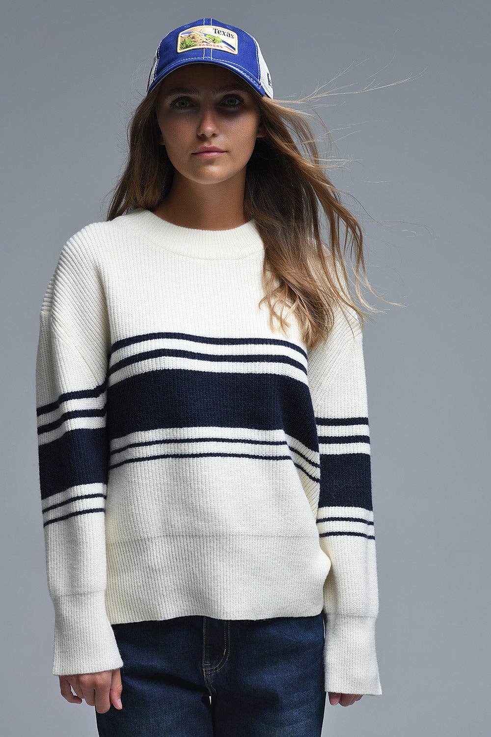 Ribbed Cream Sweater With Navy Chest Stripes for wholesale on Faire5