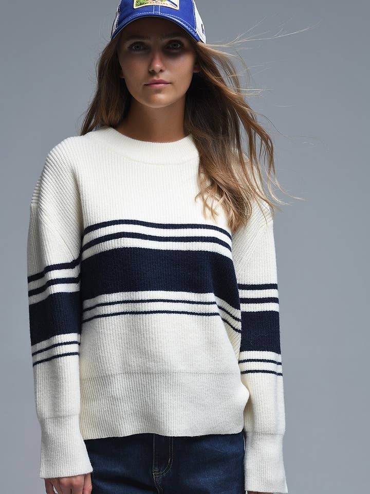Ribbed Cream Sweater With Navy Chest Stripes for wholesale on Faire5