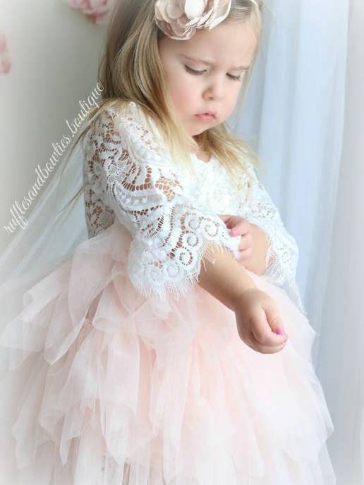 Rufflеѕ & Bоwtіеѕ - Affordable Boys & Girls Clothing - Wholesale Dress - Kids - BEST SELLER - Veronica Peach and White Lace Princess Dress