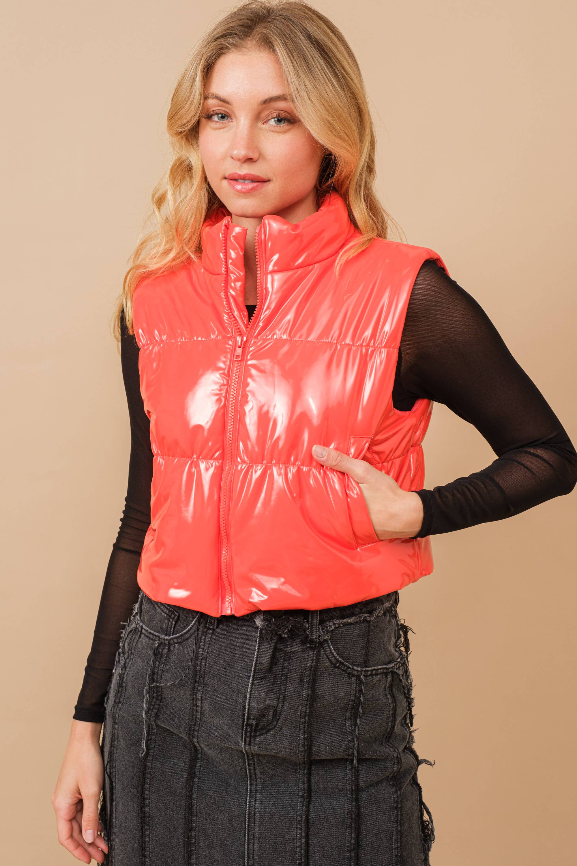 Blue B - Wholesale Outerwear Vest - Women's - 22656J - Gloss Shiny PU Quilted Puffer Zip Up Crop Vest50