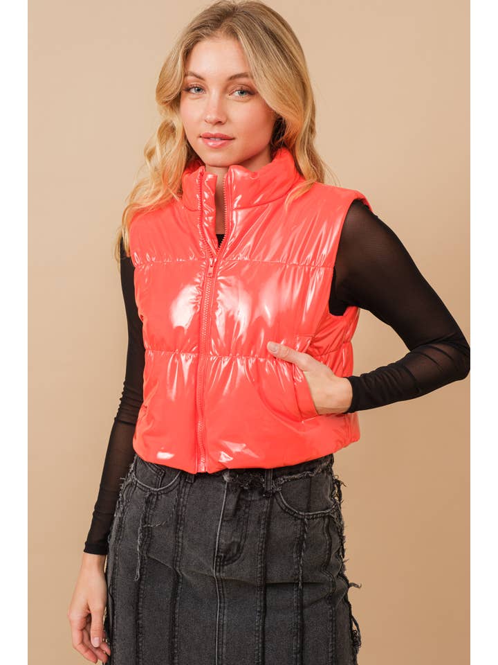 Blue B - Wholesale Outerwear Vest - Women's - 22656J - Gloss Shiny PU Quilted Puffer Zip Up Crop Vest50