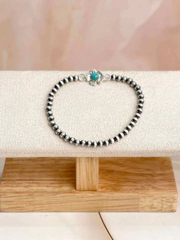 Turquoise Flower & Desert Pearl Beaded Stretch Bracelet for wholesale by Krush Kandy