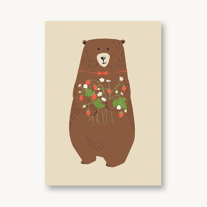 Postcard bear with strawberries for wholesale by VIERUNDFÜNFZIG
