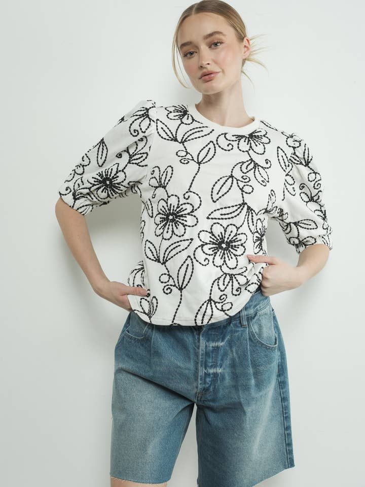 MAT3185 FLOWER EMBROIDERED T SHIRTS for wholesale by Aaron & Amber