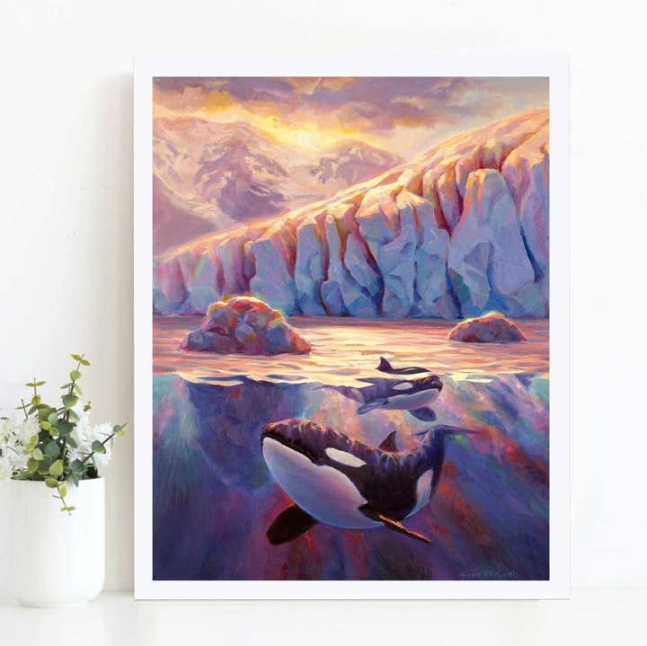 Whitworth Gallery - Wholesale Art Print - Orca Sunrise - Killer Whale Painting With Alaska Glacier0