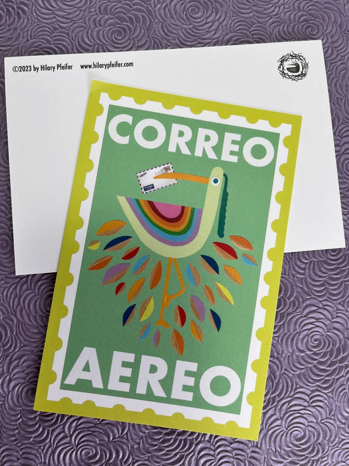 ¡Correo Aereo! Rainbow Mail Art Bird Postcard for wholesale by Bunny with a Toolbelt