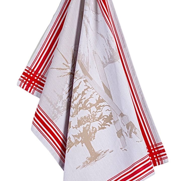 Mierco European Linens - Wholesale Tea Towel - European Red-Taupe Jacquard Tea Towel - Mountain/Skis1