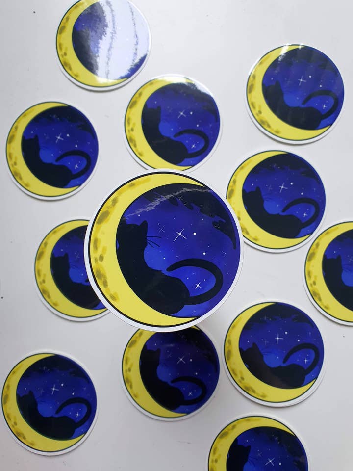 Black cat lunar halloween sticker for wholesale by Fizah Afzal