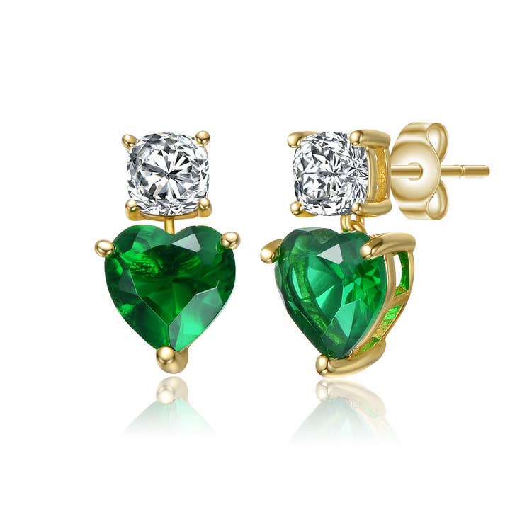 14k Gold Plated Colored CZ Two-Stone Heart Earrings for wholesale by Genevive
