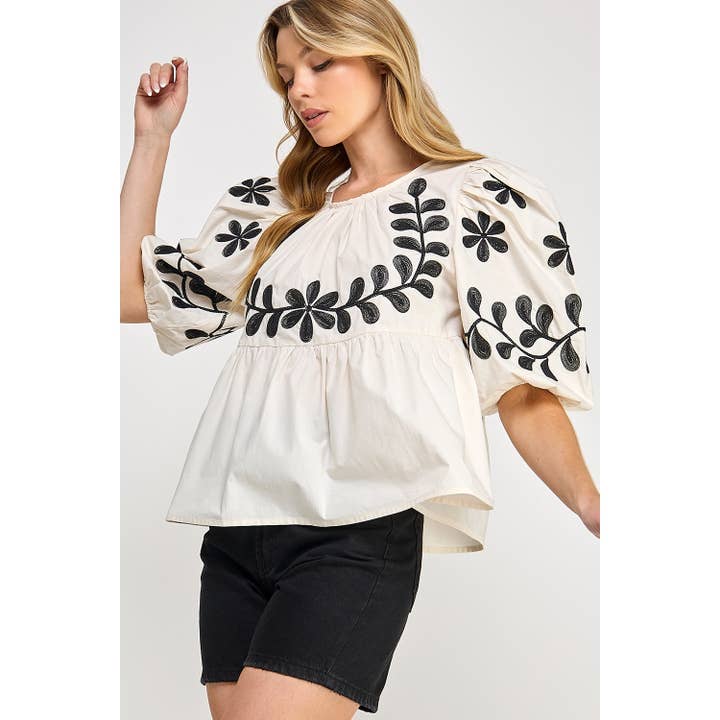 cream BOHO PUFF-SLEEVE EMBROIDERED TOP (ST7671) for wholesale on Faire