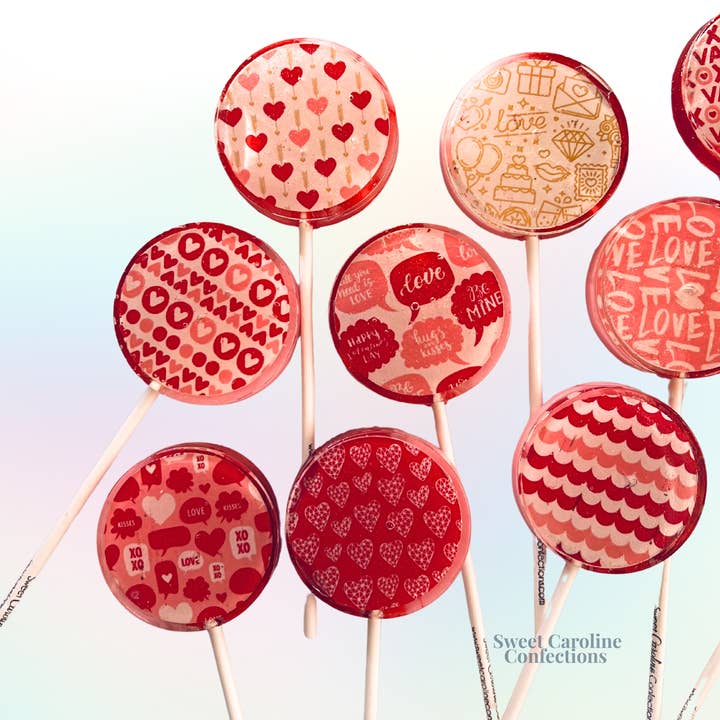 Valentine's Day Print Lollipops, Raspberry Flavor, 10/Case for wholesale by Sweet Caroline Confections
