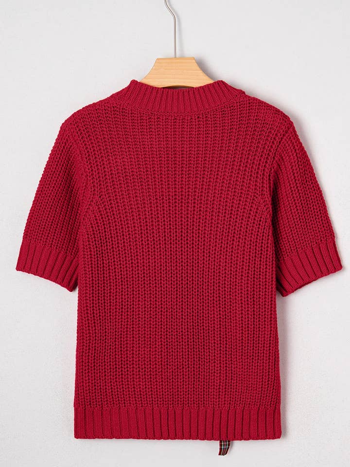Suhkasana - Wholesale Knit Sweater - Women's - Red Plaid Bow Lace Up Cable Knit Short Sleeve Holiday Sweater10
