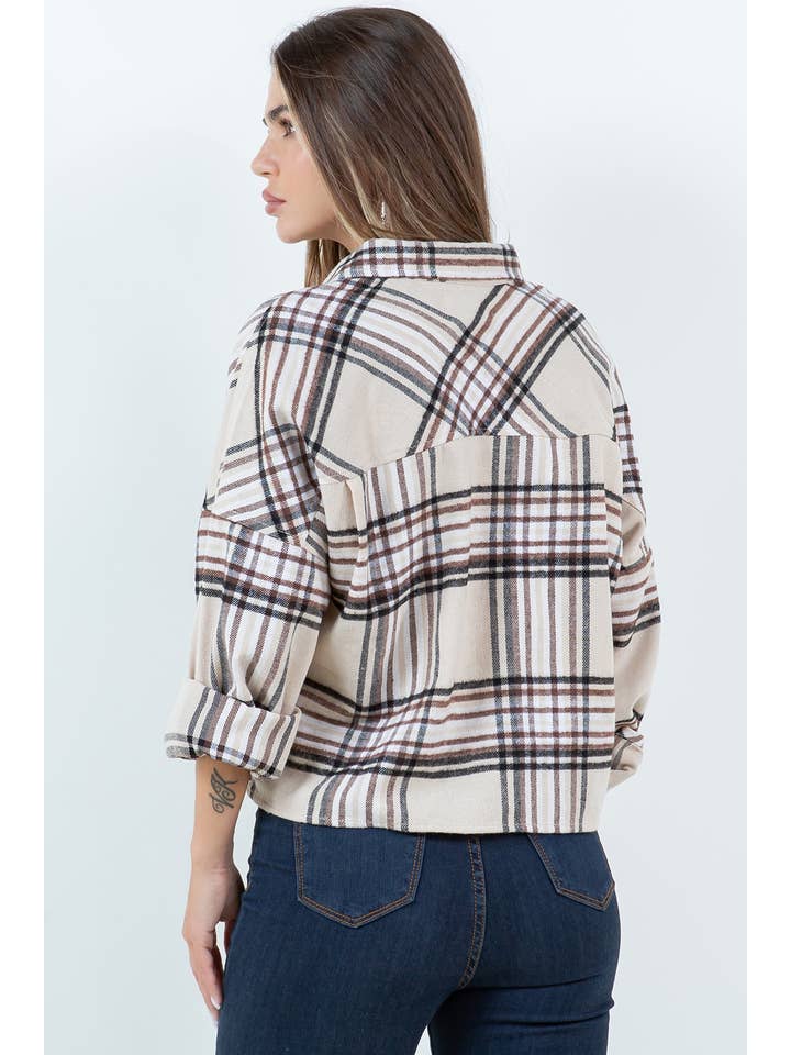 Veracci - Wholesale Button Down Shirt - Women's - Boxy Cropped Long Sleeve Plaid Over Shirt5