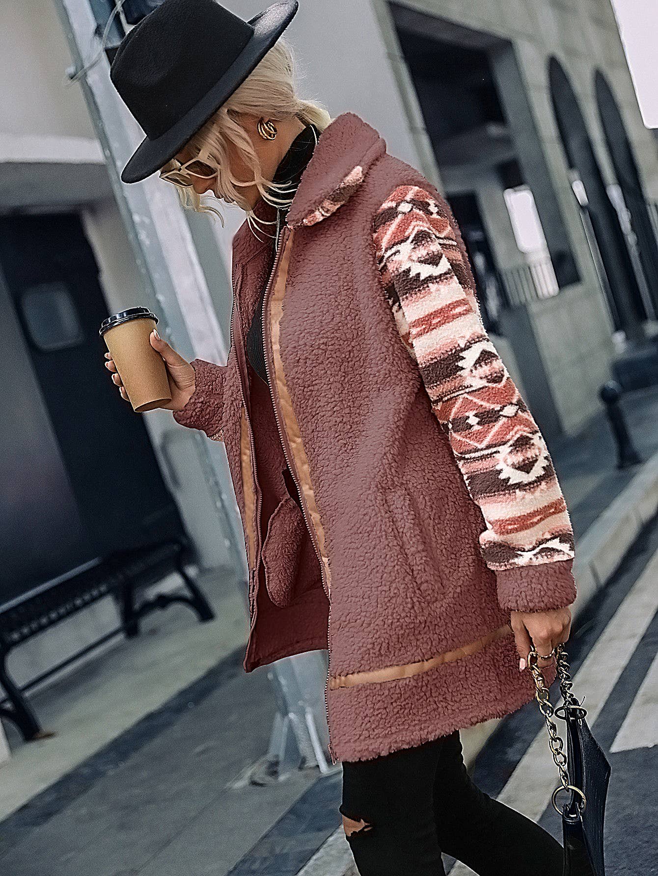 HIDDENBRAND - Wholesale Fur/Faux Fur Coat - Women's - Aztec patchwork sherpa zip coat20