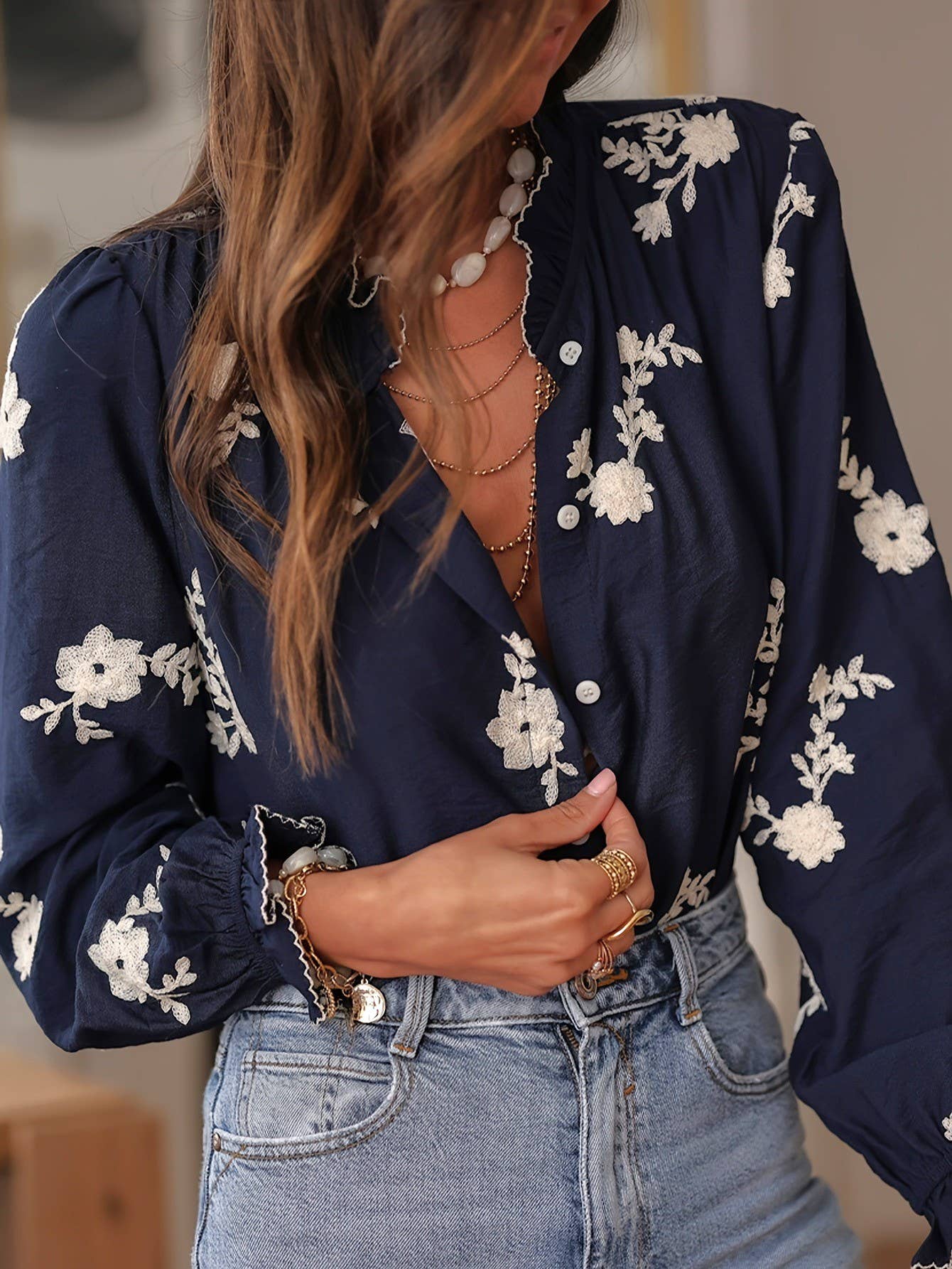 NavyBlue Boho Midnight Ecru Floral Ruffled Blouse for wholesale on Faire1