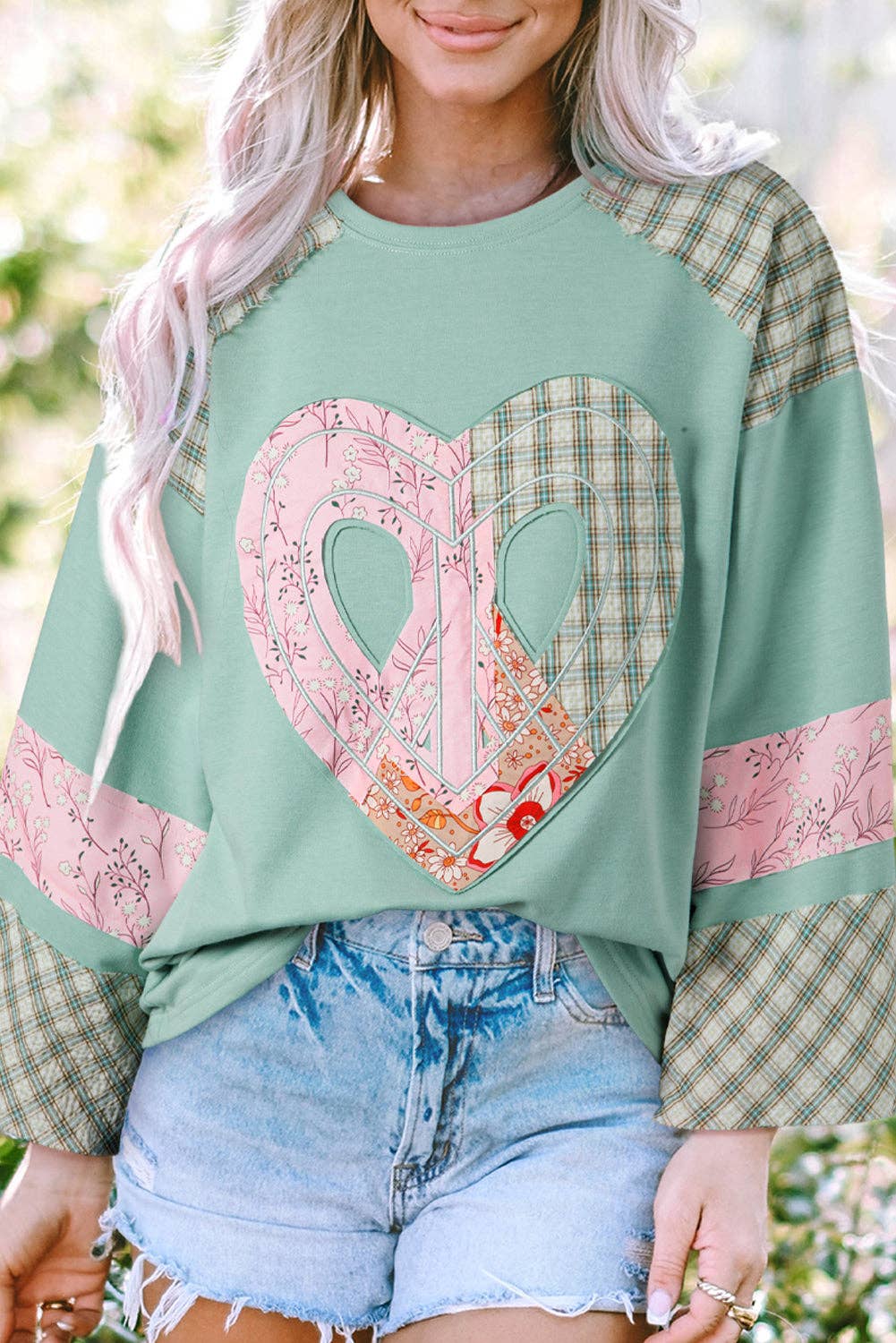 Suhkasana - Wholesale Knit Top - Women's - Plaid Floral Peace Heart Graphic Wide Long Sleeve Top8